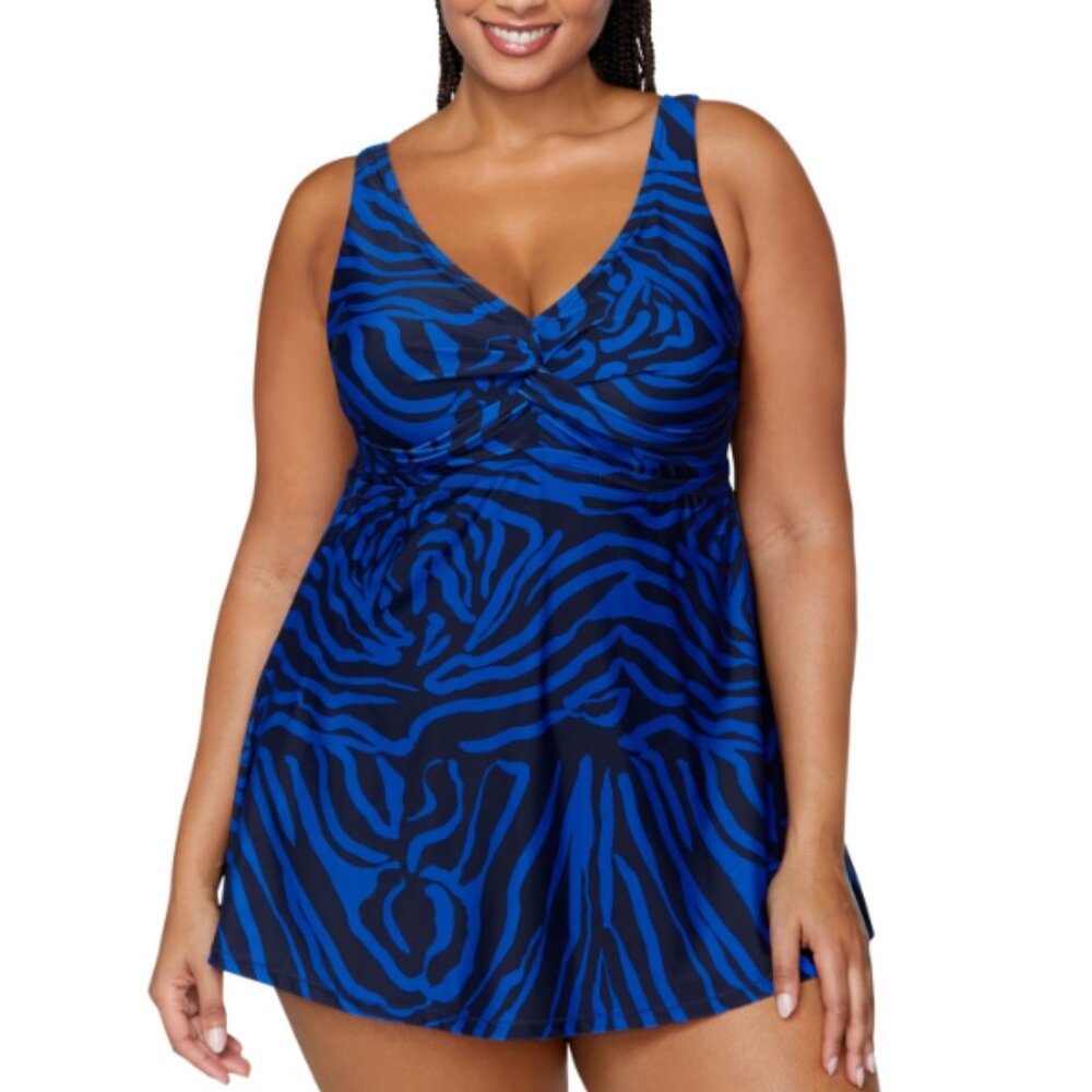 NWT Raisins Curve Trendy Plus Size Lucia Tummy-Control Swimdress - Navy 18W